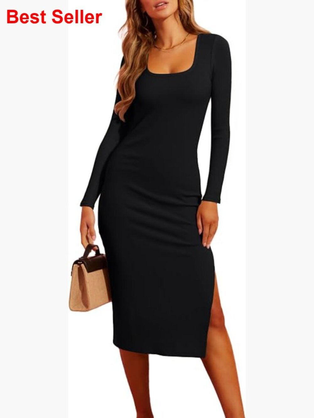 Ribbed Knit Midi Bodycon Dress Square Neck Side Slit Fitted Tank Dress